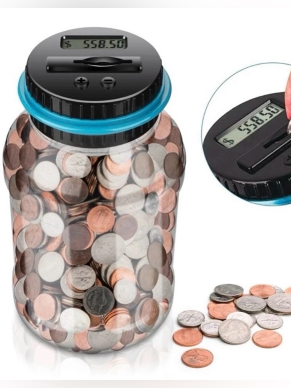 NIB  Digital Coin Counting Money Jar - Clear with Black & Blue Lid